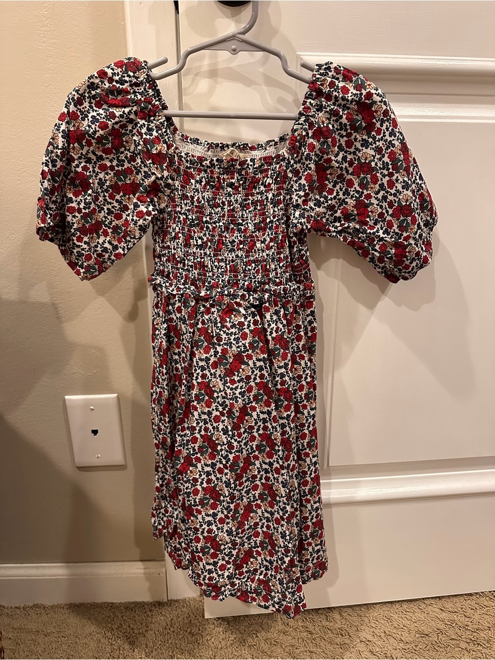 Smocked Puff Sleeve Floral Dress Red and White